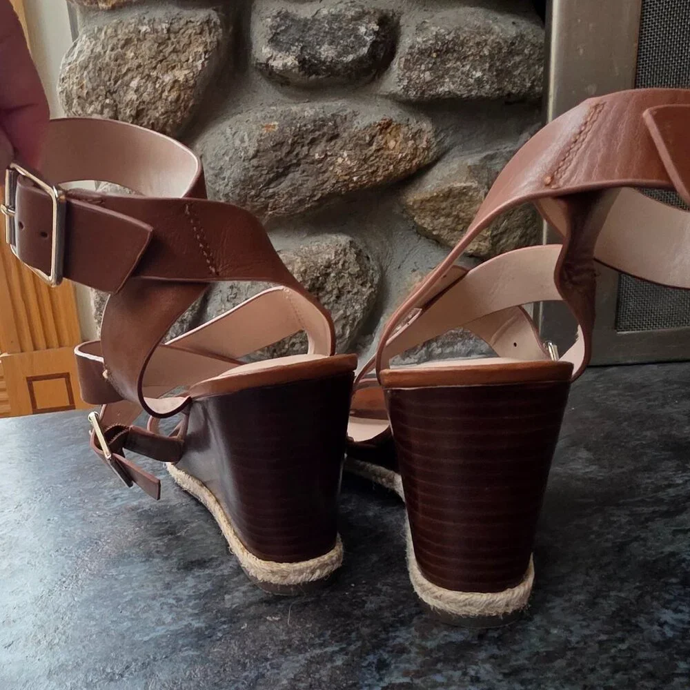 Essex Lane Brown Leather Strappy Wedge Sandals Size 9M